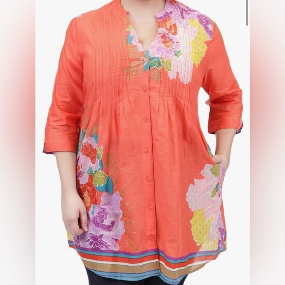 La Cera Floral Border Stripe Print Tunic Cotton Coral Red Size Large - Picture 1 of 16